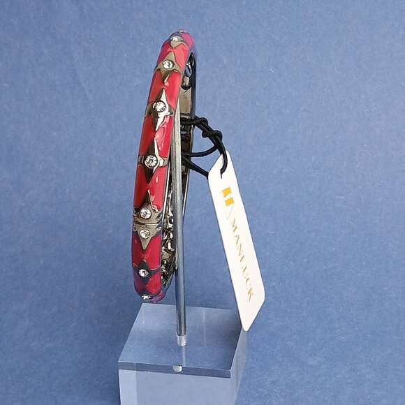 Quadruple Star Pattern Hematite Rubine Red Enamel Hinge Bangle Skinny Bracelet - Picture 4 of 5